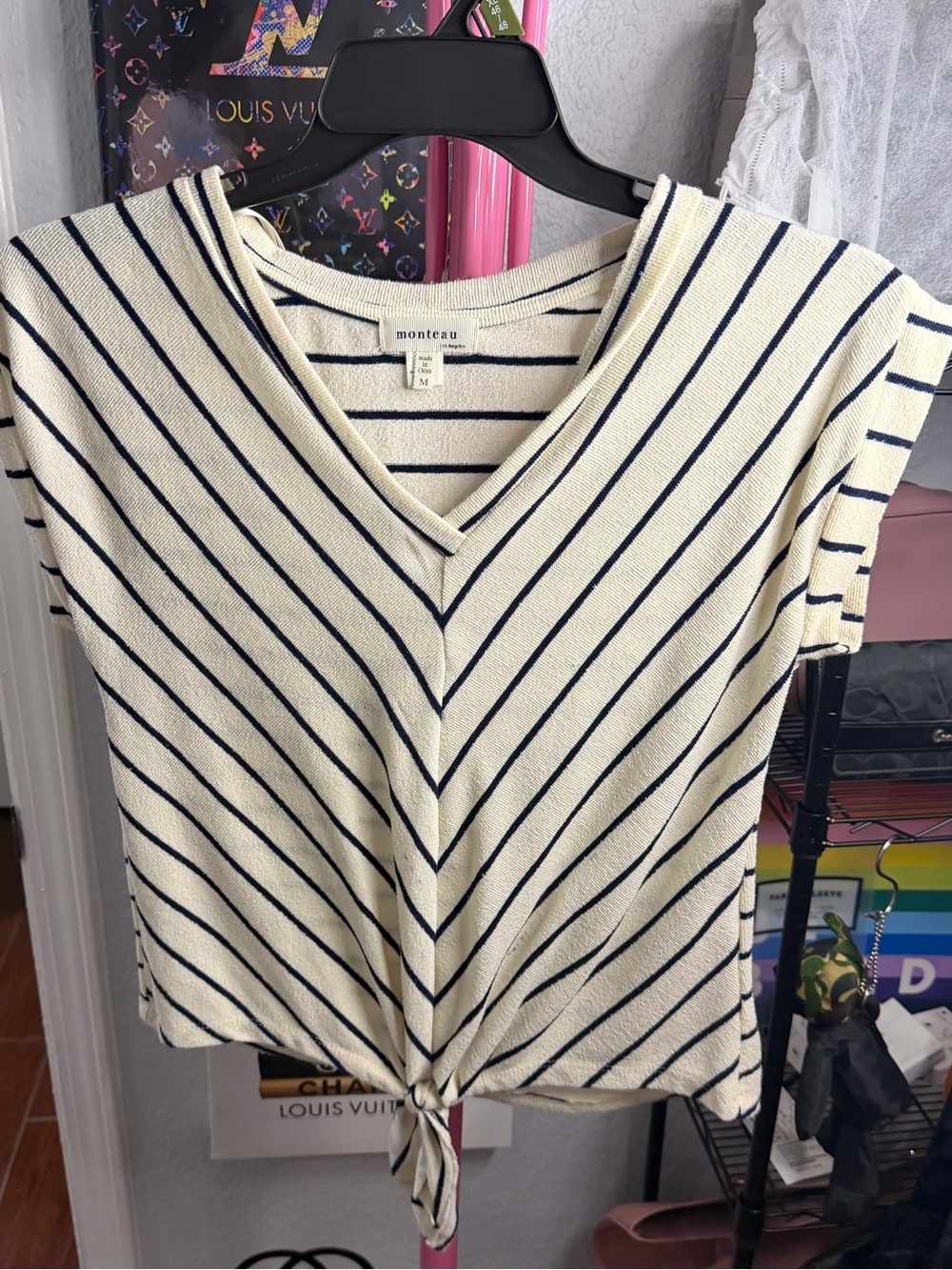 Montenù Cream and Navy Striped V-Neck Tie-Front Top